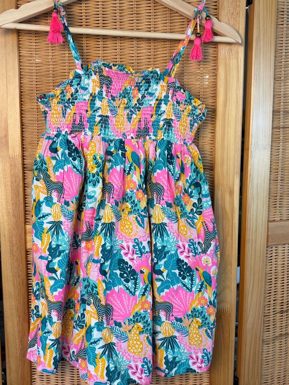 Tommy Bahama Pink Floral Smocked Dress with tassel straps  size 7